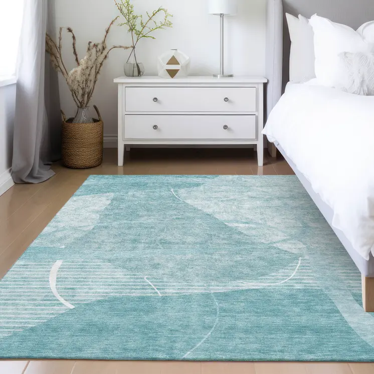 3' X 5' Turquoise Teal Blue And Ivory Abstract Washable Indoor Outdoor Area Rug