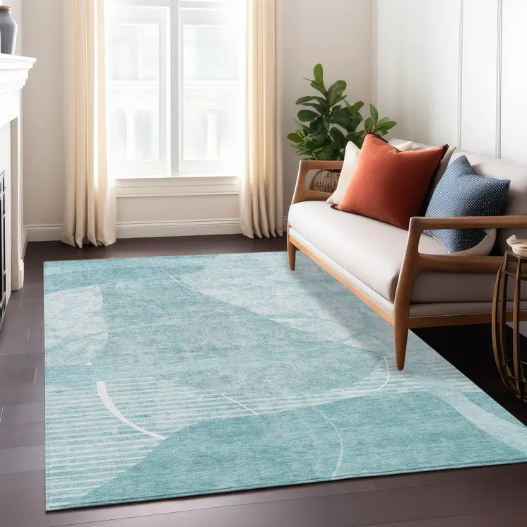 3' X 5' Turquoise Teal Blue And Ivory Abstract Washable Indoor Outdoor Area Rug