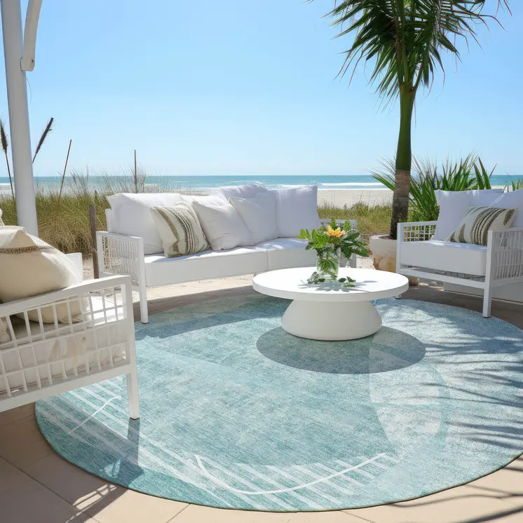 8' Turquoise Teal Blue And Ivory Round Abstract Washable Indoor Outdoor Area Rug