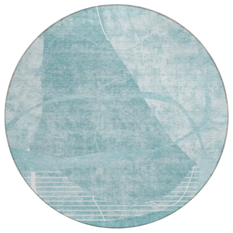 8' Turquoise Teal Blue And Ivory Round Abstract Washable Indoor Outdoor Area Rug