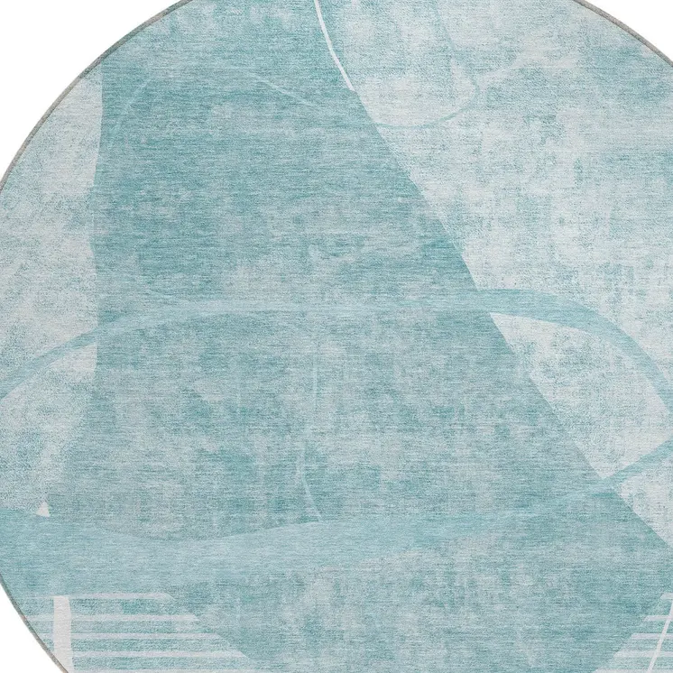 8' Turquoise Teal Blue And Ivory Round Abstract Washable Indoor Outdoor Area Rug
