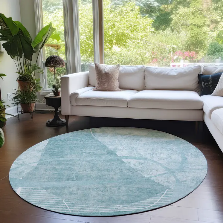 8' Turquoise Teal Blue And Ivory Round Abstract Washable Indoor Outdoor Area Rug