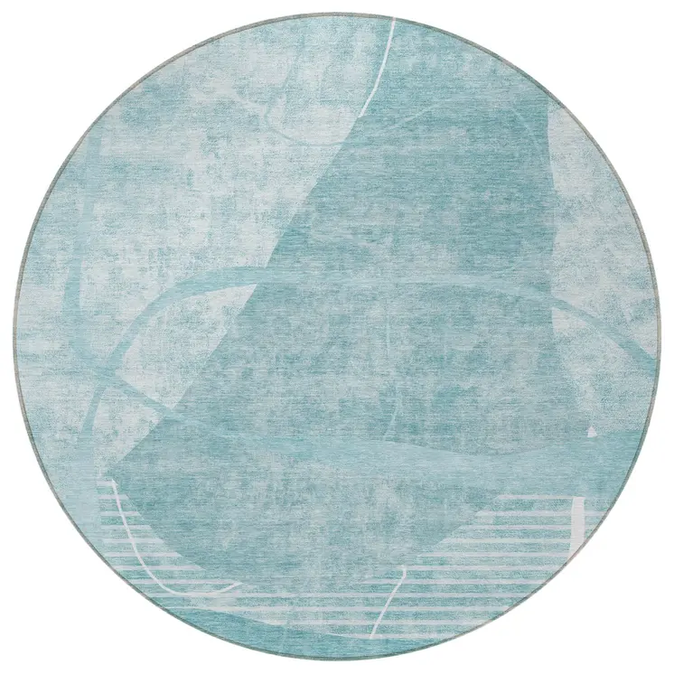 8' Turquoise Teal Blue And Ivory Round Abstract Washable Indoor Outdoor Area Rug