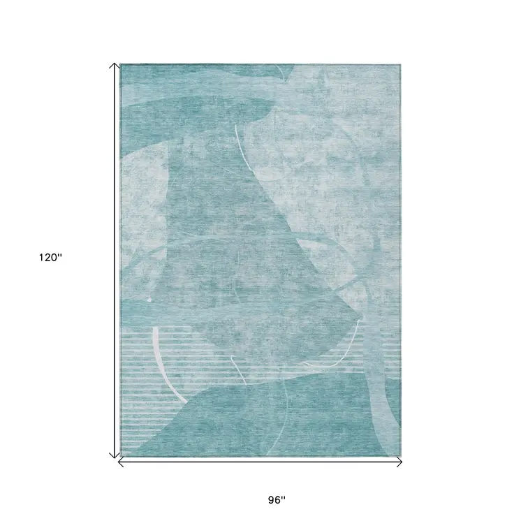 8' X 10' Turquoise Teal Blue And Ivory Abstract Washable Indoor Outdoor Area Rug