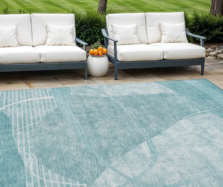 8' X 10' Turquoise Teal Blue And Ivory Abstract Washable Indoor Outdoor Area Rug