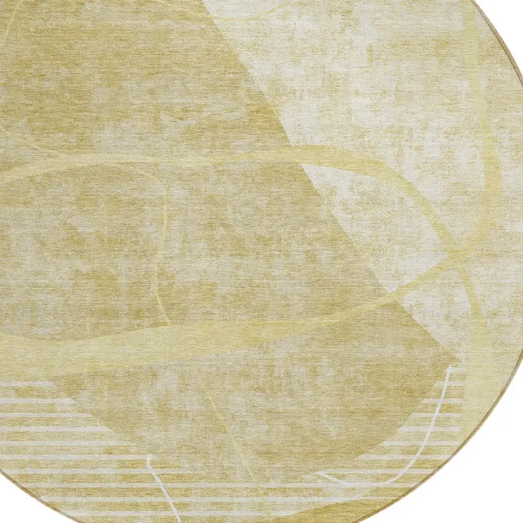 8' Wheat Gold And Ivory Round Abstract Washable Indoor Outdoor Area Rug