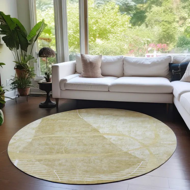8' Wheat Gold And Ivory Round Abstract Washable Indoor Outdoor Area Rug