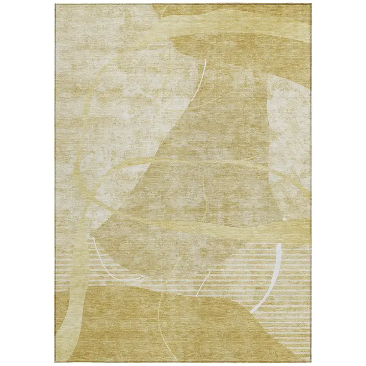 9' X 12' Wheat Gold And Ivory Abstract Washable Indoor Outdoor Area Rug