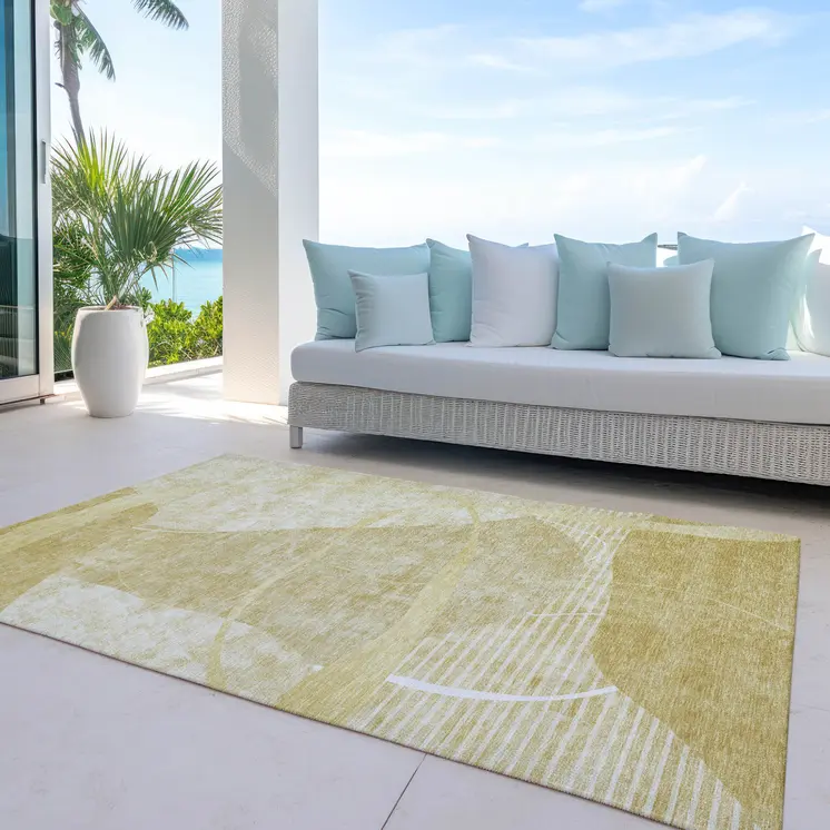 9' X 12' Wheat Gold And Ivory Abstract Washable Indoor Outdoor Area Rug