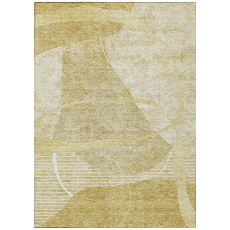 9' X 12' Wheat Gold And Ivory Abstract Washable Indoor Outdoor Area Rug