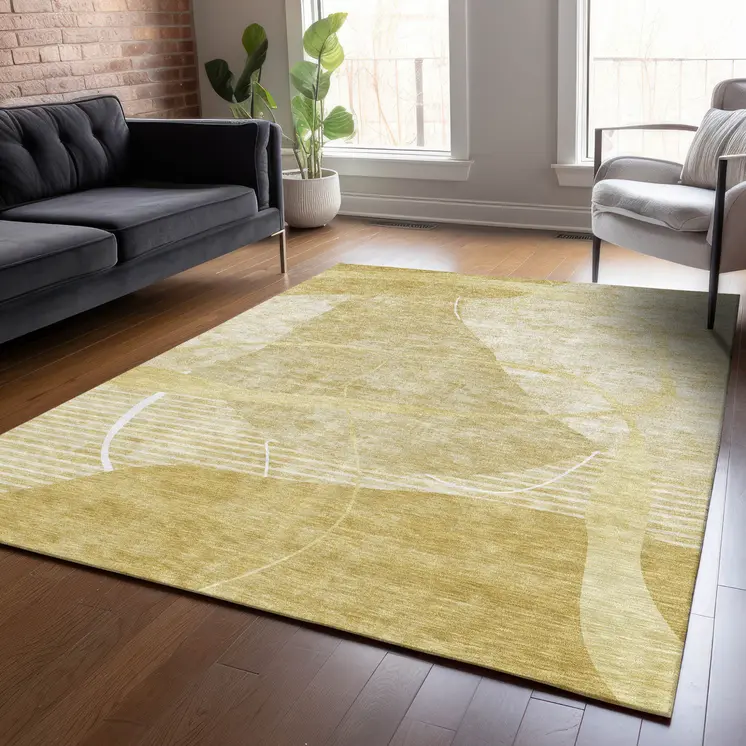 9' X 12' Wheat Gold And Ivory Abstract Washable Indoor Outdoor Area Rug