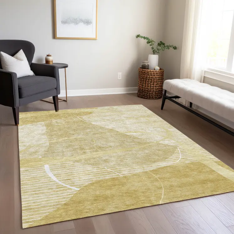 10' X 14' Wheat Gold And Ivory Abstract Washable Indoor Outdoor Area Rug