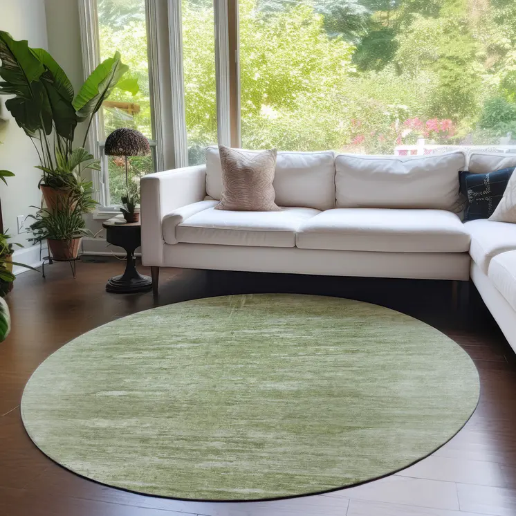 8' Artichoke Green And Fern Green Round Abstract Washable Indoor Outdoor Area Rug
