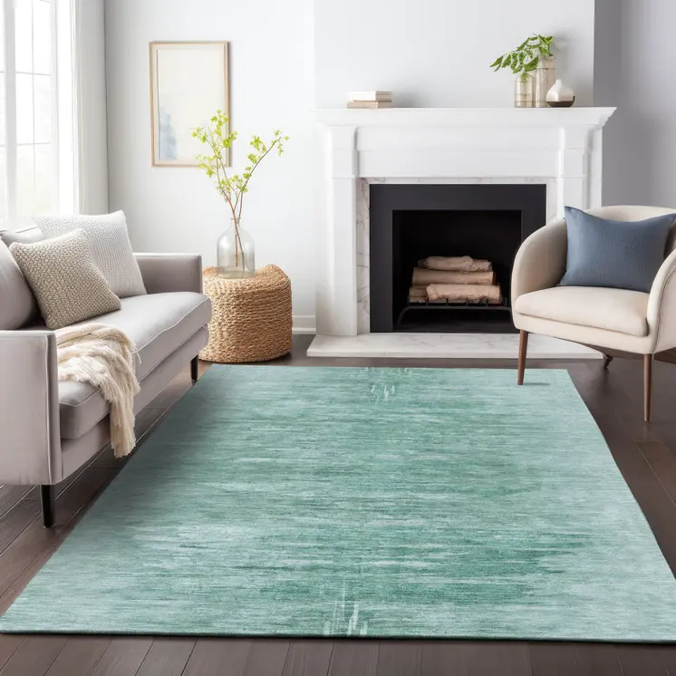 5' X 8' Aqua And Teal Blue Abstract Washable Indoor Outdoor Area Rug