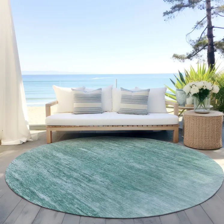 8' Aqua And Teal Blue Round Abstract Washable Indoor Outdoor Area Rug