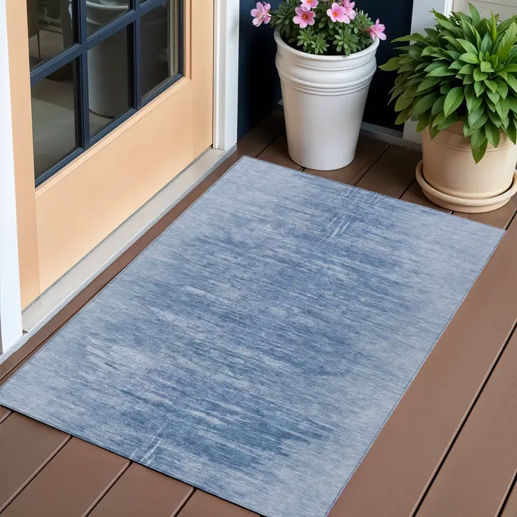 3' X 5' Denim Blue And Sky Blue Abstract Washable Indoor Outdoor Area Rug