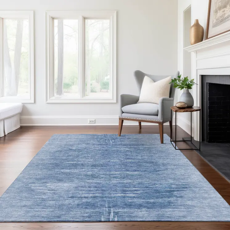 3' X 5' Denim Blue And Sky Blue Abstract Washable Indoor Outdoor Area Rug
