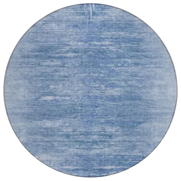 8' Denim Blue And Sky Blue Round Abstract Washable Indoor Outdoor Area Rug
