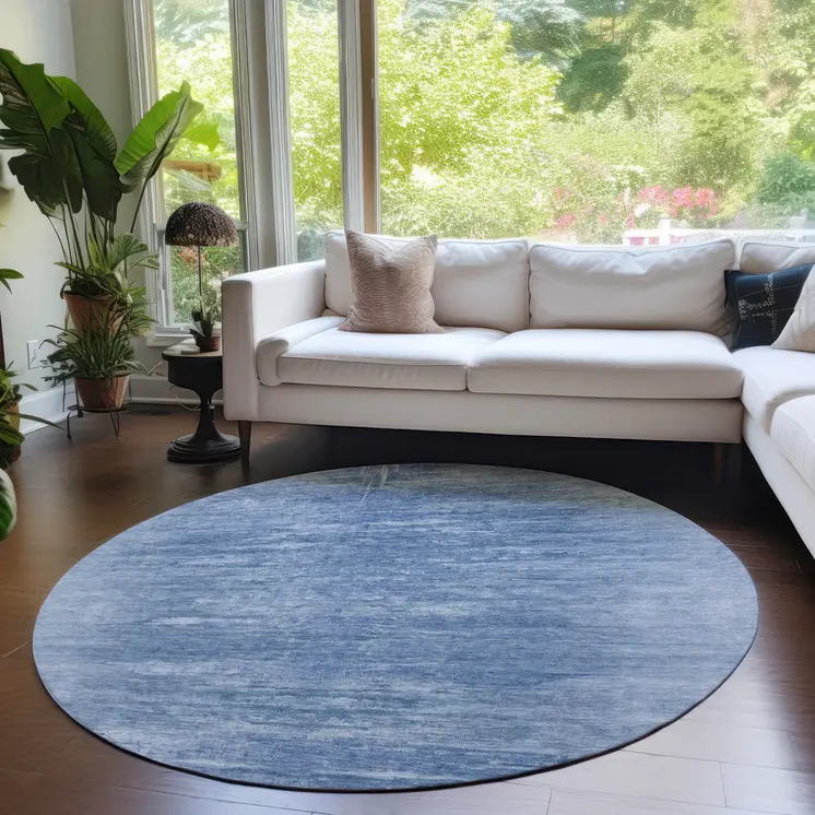 8' Denim Blue And Sky Blue Round Abstract Washable Indoor Outdoor Area Rug