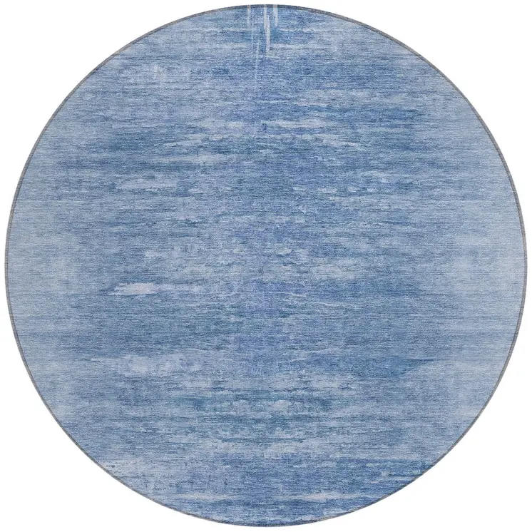 8' Denim Blue And Sky Blue Round Abstract Washable Indoor Outdoor Area Rug
