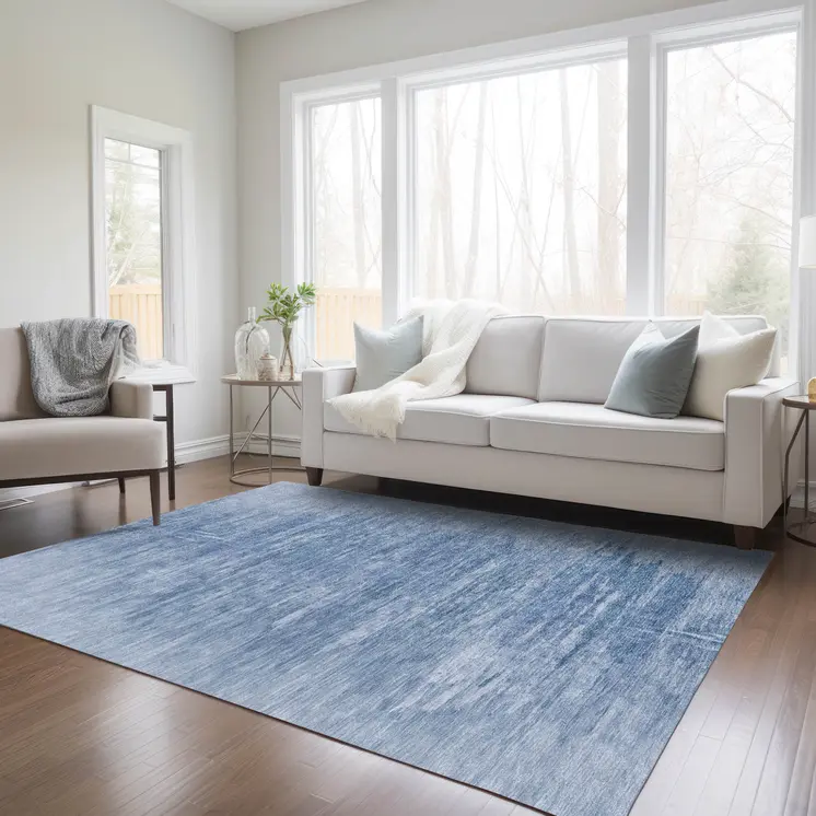 10' X 14' Denim Blue And Sky Blue Abstract Washable Indoor Outdoor Area Rug