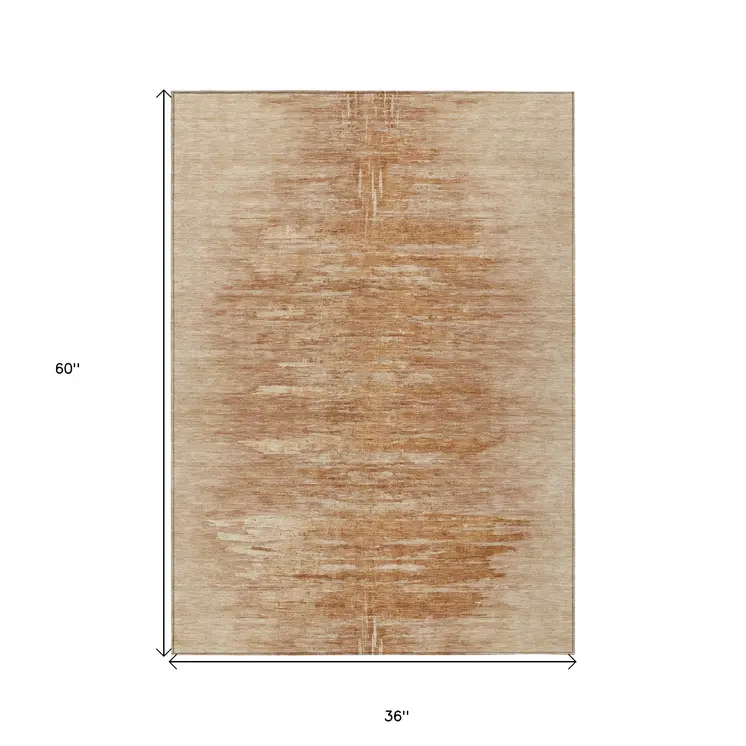 3' X 5' Salmon And Copper Abstract Washable Indoor Outdoor Area Rug