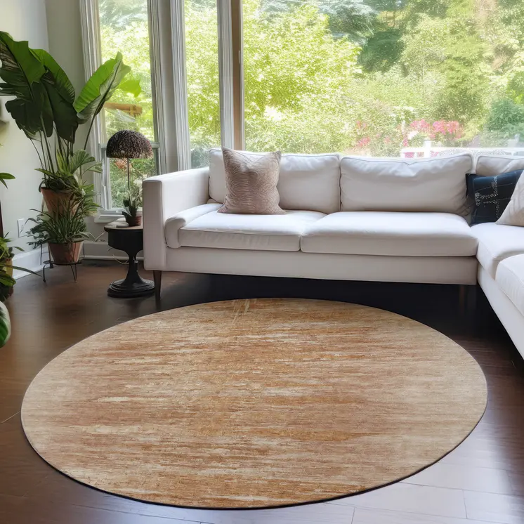 8' Salmon And Copper Round Abstract Washable Indoor Outdoor Area Rug