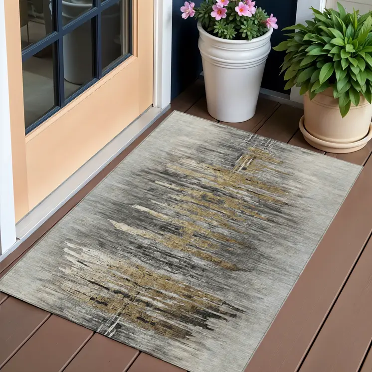 3' X 5' Gray Charcoal And Silver Abstract Washable Indoor Outdoor Area Rug