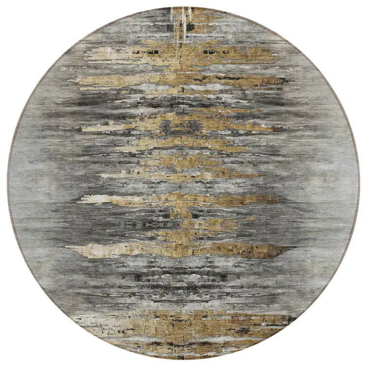 8' Gray Charcoal And Silver Round Abstract Washable Indoor Outdoor Area Rug
