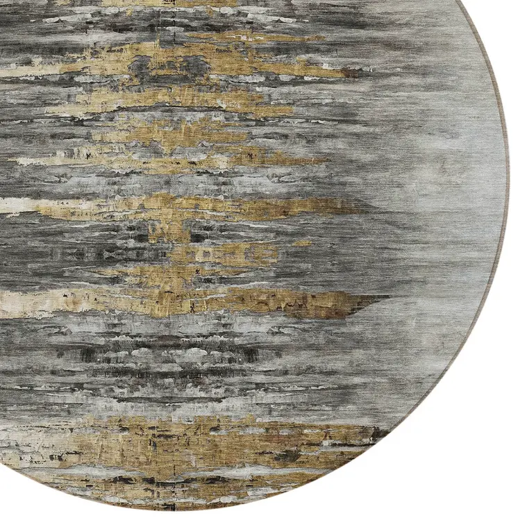 8' Gray Charcoal And Silver Round Abstract Washable Indoor Outdoor Area Rug