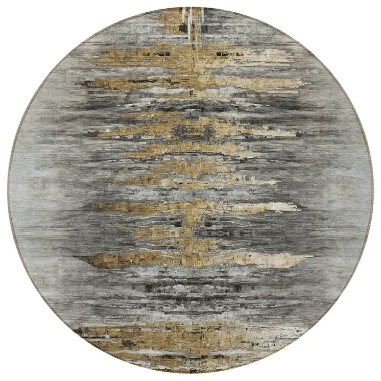 8' Gray Charcoal And Silver Round Abstract Washable Indoor Outdoor Area Rug