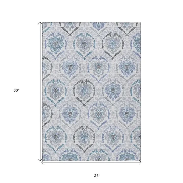 3' X 5' Gray And Denim Blue Medallion Washable Indoor Outdoor Area Rug