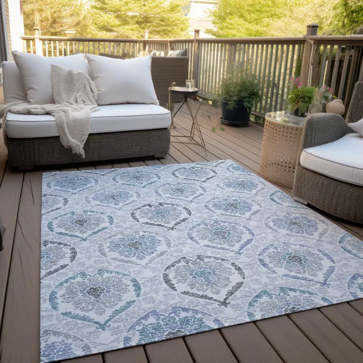 3' X 5' Gray And Denim Blue Medallion Washable Indoor Outdoor Area Rug