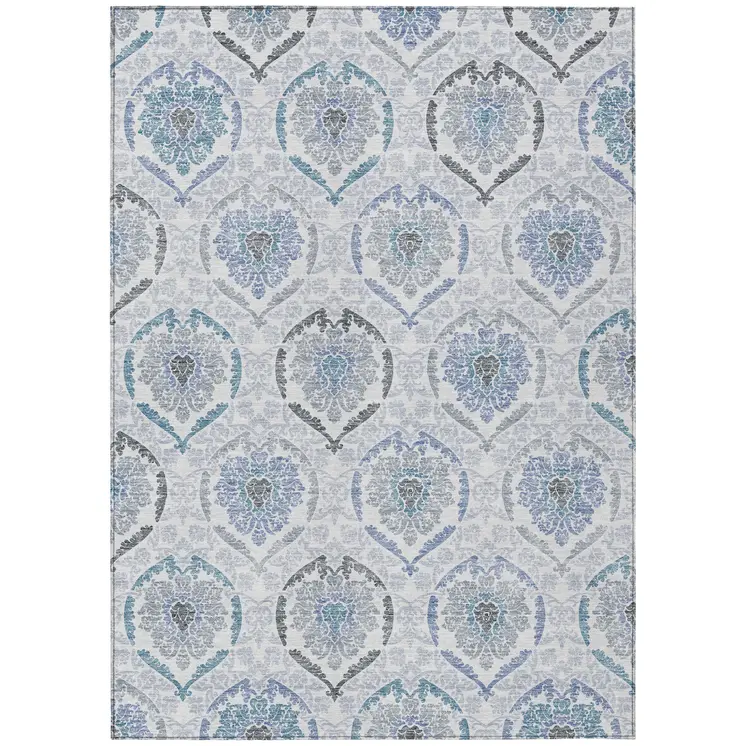 3' X 5' Gray And Denim Blue Medallion Washable Indoor Outdoor Area Rug