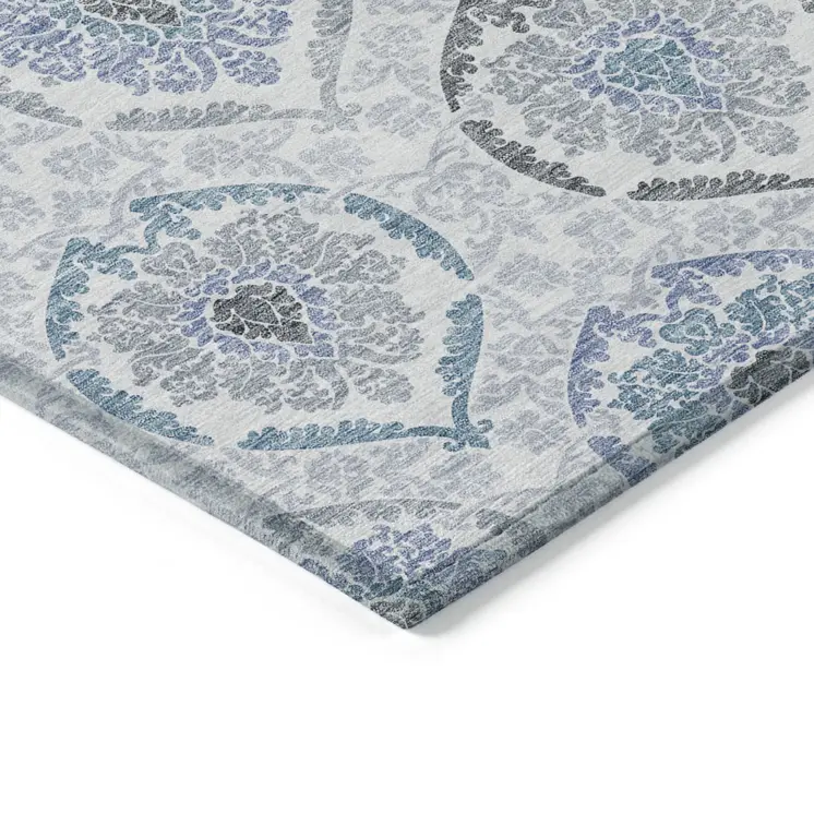 3' X 5' Gray And Denim Blue Medallion Washable Indoor Outdoor Area Rug
