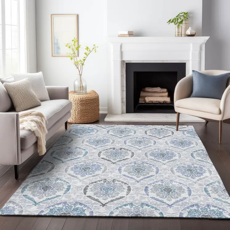 3' X 5' Gray And Denim Blue Medallion Washable Indoor Outdoor Area Rug