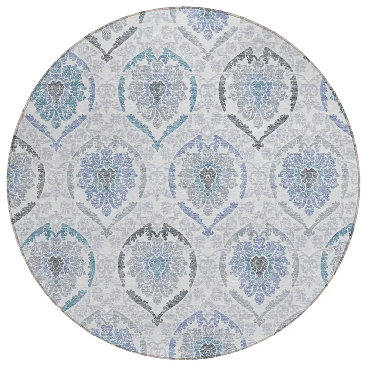 8' Gray And Denim Blue Round Medallion Washable Indoor Outdoor Area Rug