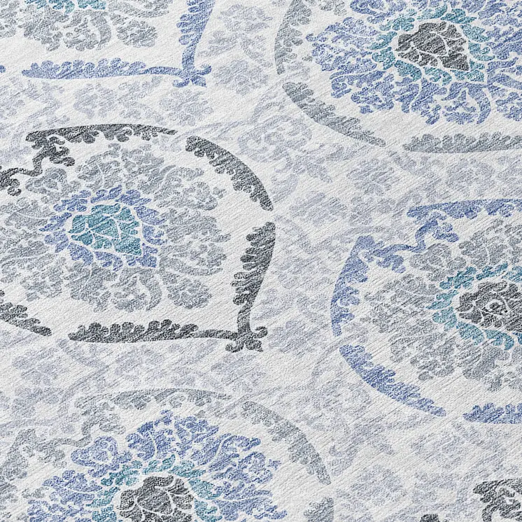 8' Gray And Denim Blue Round Medallion Washable Indoor Outdoor Area Rug