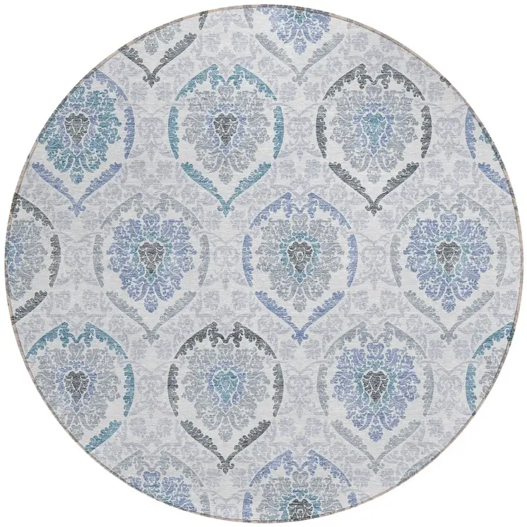 8' Gray And Denim Blue Round Medallion Washable Indoor Outdoor Area Rug