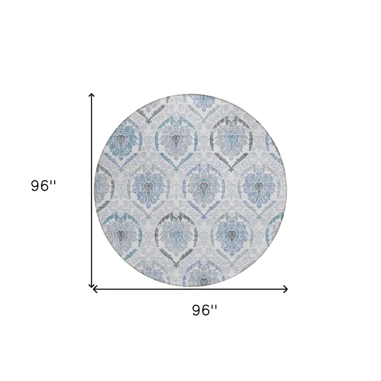 8' Gray And Denim Blue Round Medallion Washable Indoor Outdoor Area Rug