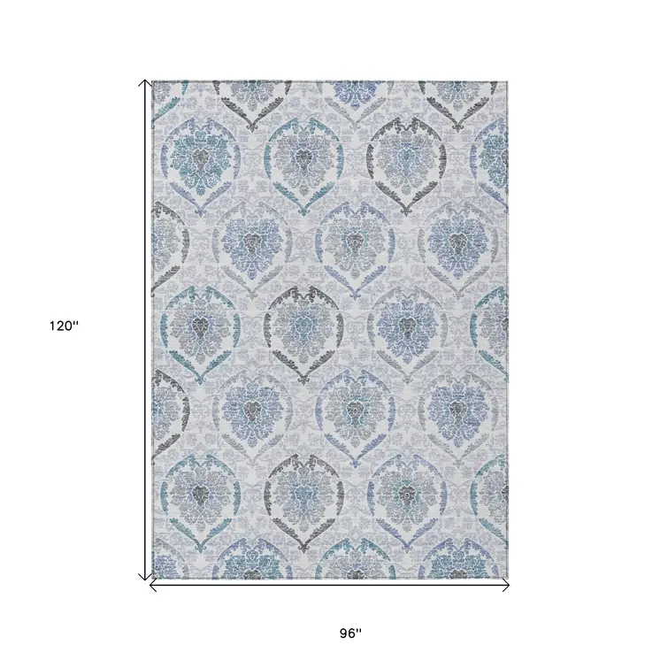 8' X 10' Gray And Denim Blue Medallion Washable Indoor Outdoor Area Rug