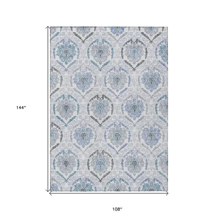 9' X 12' Gray And Denim Blue Medallion Washable Indoor Outdoor Area Rug