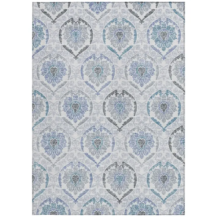 9' X 12' Gray And Denim Blue Medallion Washable Indoor Outdoor Area Rug