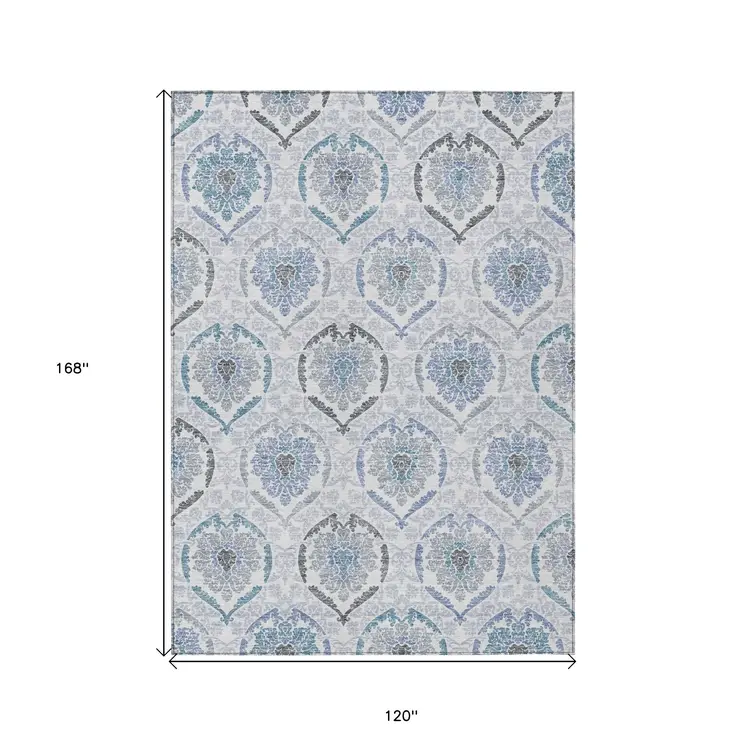 10' X 14' Gray And Denim Blue Medallion Washable Indoor Outdoor Area Rug