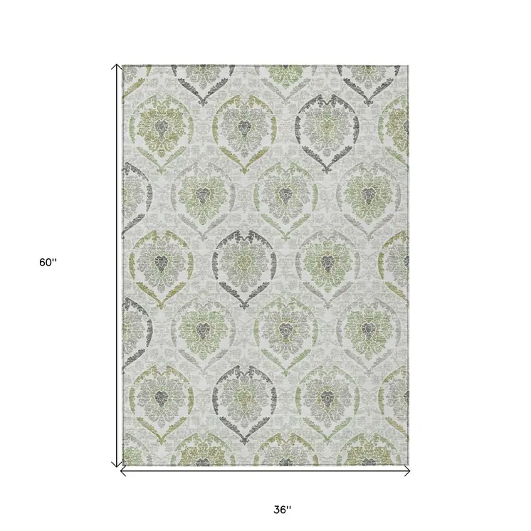 3' X 5' Gray And Olive Green Medallion Washable Indoor Outdoor Area Rug