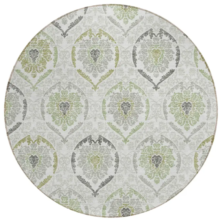 8' Gray And Olive Green Round Medallion Washable Indoor Outdoor Area Rug