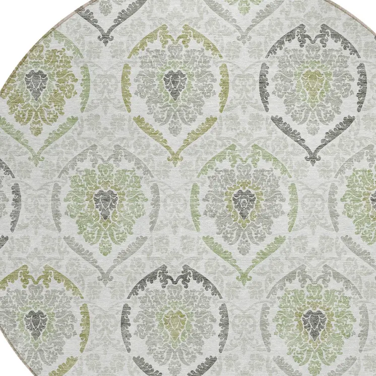 8' Gray And Olive Green Round Medallion Washable Indoor Outdoor Area Rug