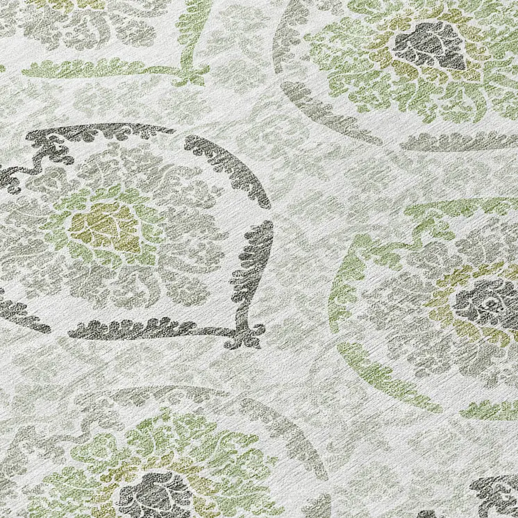 8' Gray And Olive Green Round Medallion Washable Indoor Outdoor Area Rug