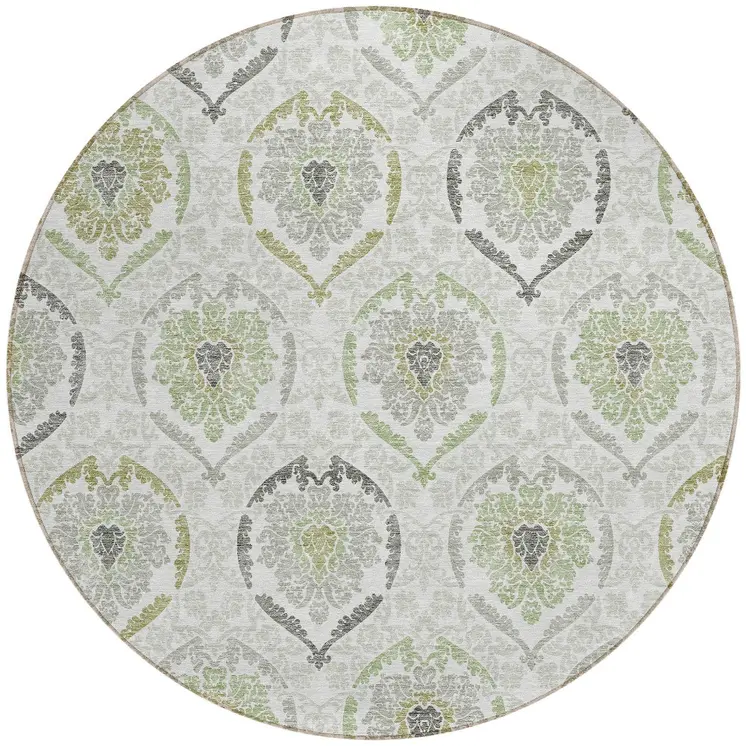 8' Gray And Olive Green Round Medallion Washable Indoor Outdoor Area Rug