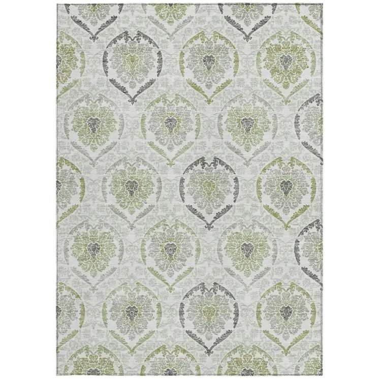 8' X 10' Gray And Olive Green Medallion Washable Indoor Outdoor Area Rug